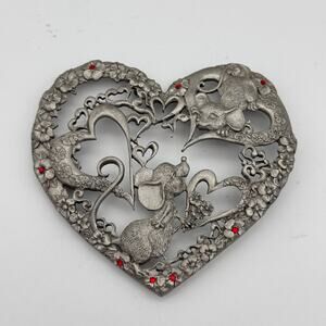 Rawcliffe Pewter Heart Mice Mouse 1989 Floral Cutout Red Rhinestones Vintage